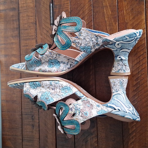 Nwot Lartiste Spring Step Blue Floral Leather Open Toe Heel Sandal Size 9 - Picture 8 of 8